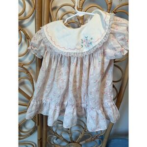 Vintage Pink Floral Tulip Toddler Dress Embroidered Peter Pan Collar Lace Trim
